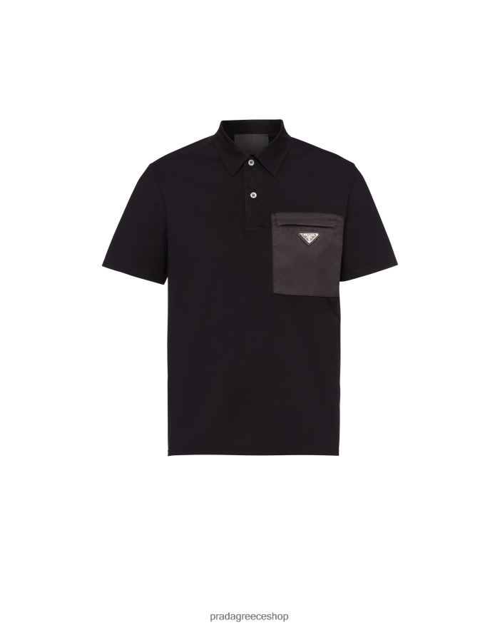 Prada μαύρος ενδύματα άνδρες ελαστικό βαμβακερό μπλουζάκι πόλο με νάιλον λεπτομέρειες JR6RB61950